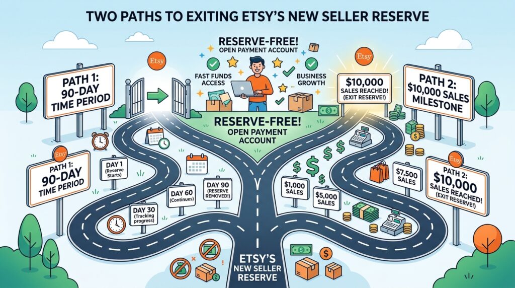 Etsy Payment Reserve Explained: Why Your Money Is Being Held and When You'll Get Paid two paths exiting seller reserve 202607251249